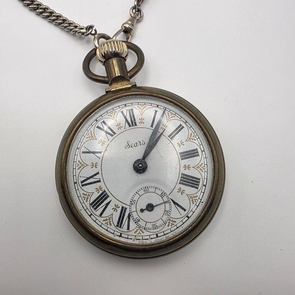 RARE Sears Railroad Brass Pocket Watch Steam Engine With Chain